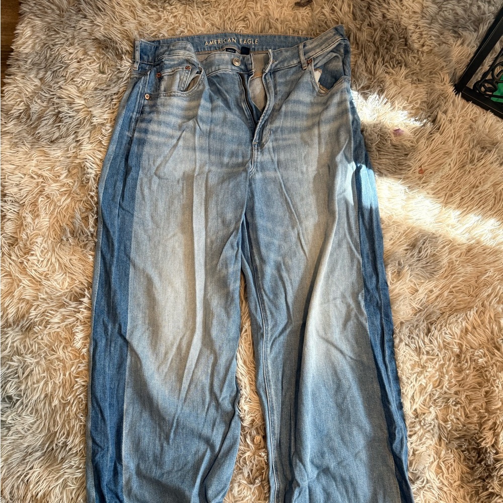American Eagle Super High-Rise Baggy Wide Leg Jeans (two-tone blue)